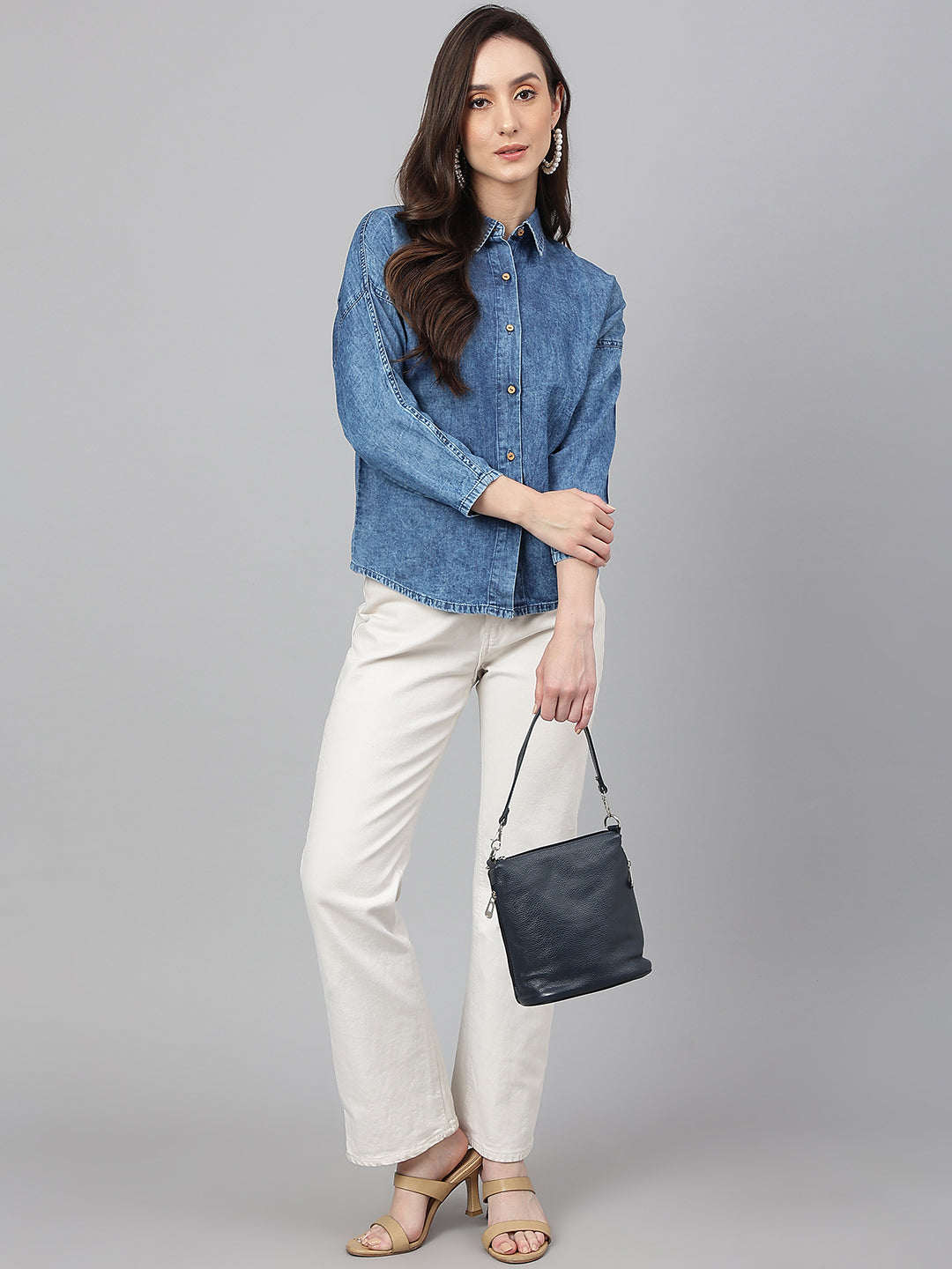 Janasya Women's Blue Denim Solid Shirt Style Top | Swadesiicart