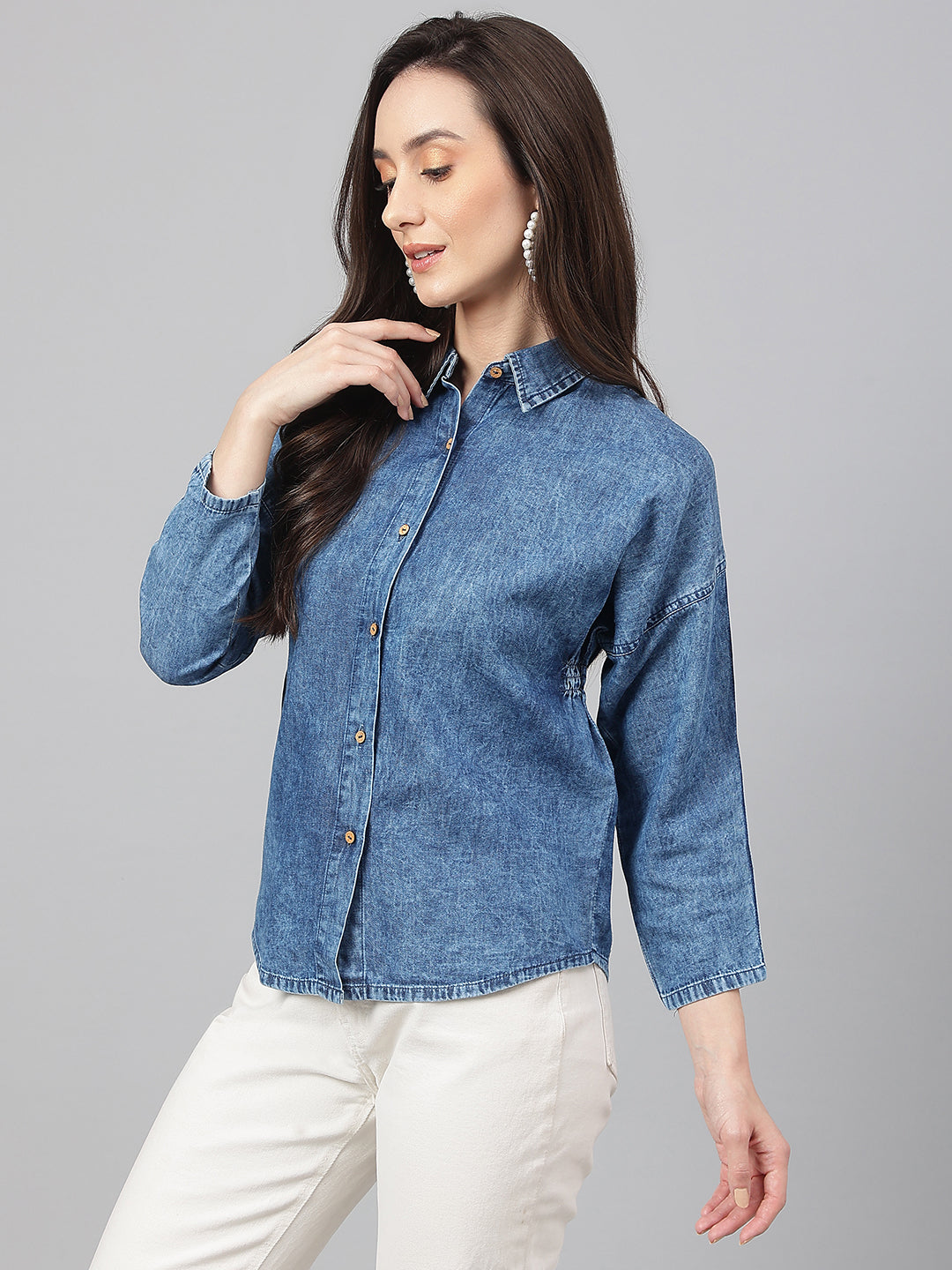 Janasya Women's Blue Denim Solid Shirt Style Top | Swadesiicart