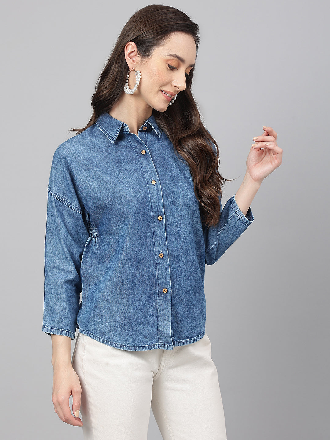 Janasya Women's Blue Denim Solid Shirt Style Top | Swadesiicart
