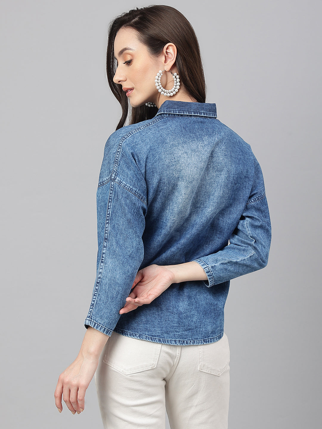 Janasya Women's Blue Denim Solid Shirt Style Top | Swadesiicart
