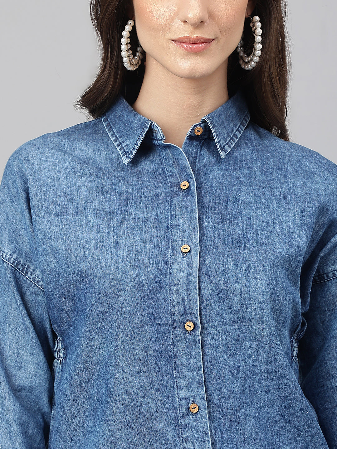 Janasya Women's Blue Denim Solid Shirt Style Top | Swadesiicart