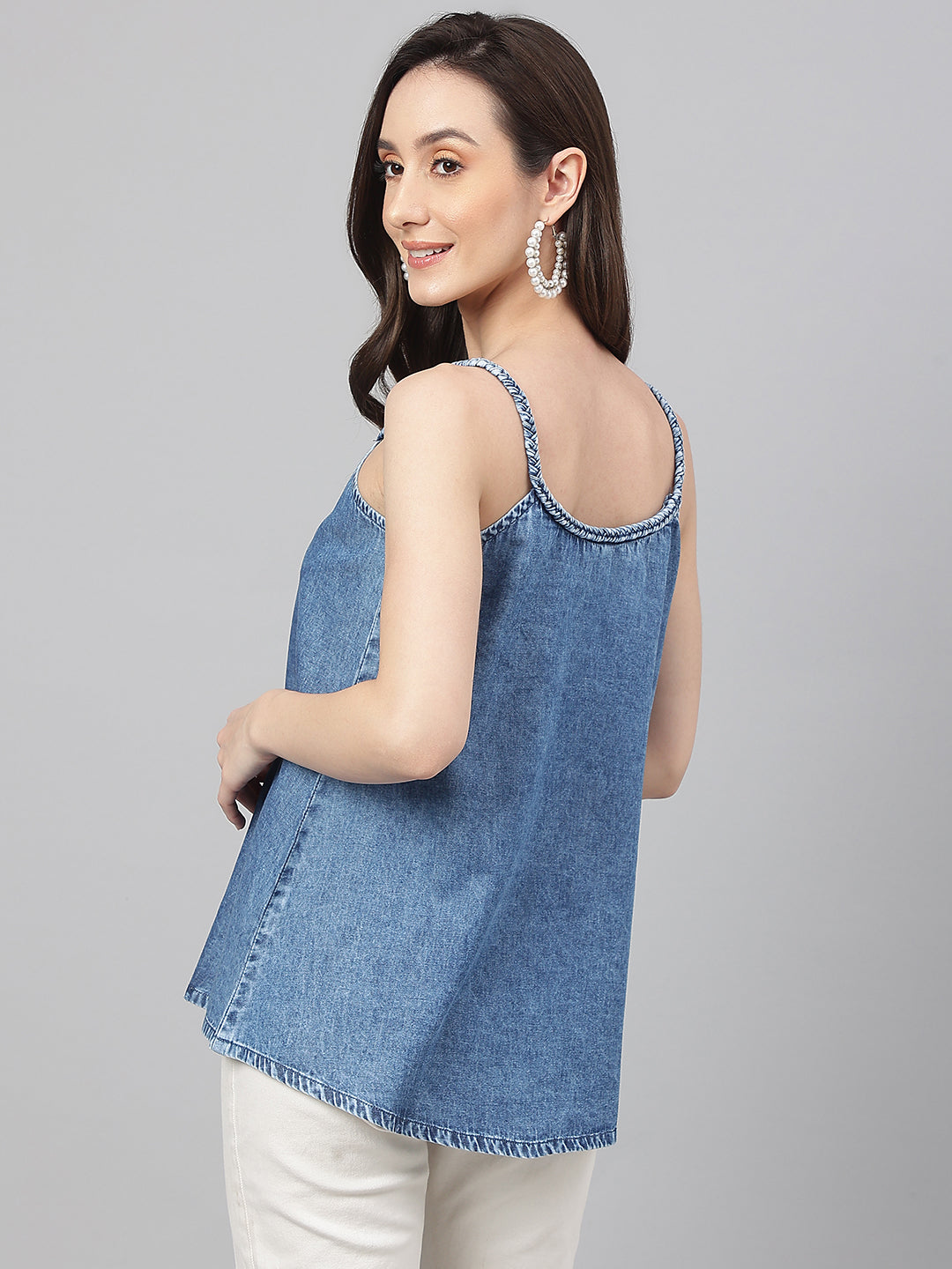Janasya Women's Blue Denim Solid Regular Top | Swadesiicart
