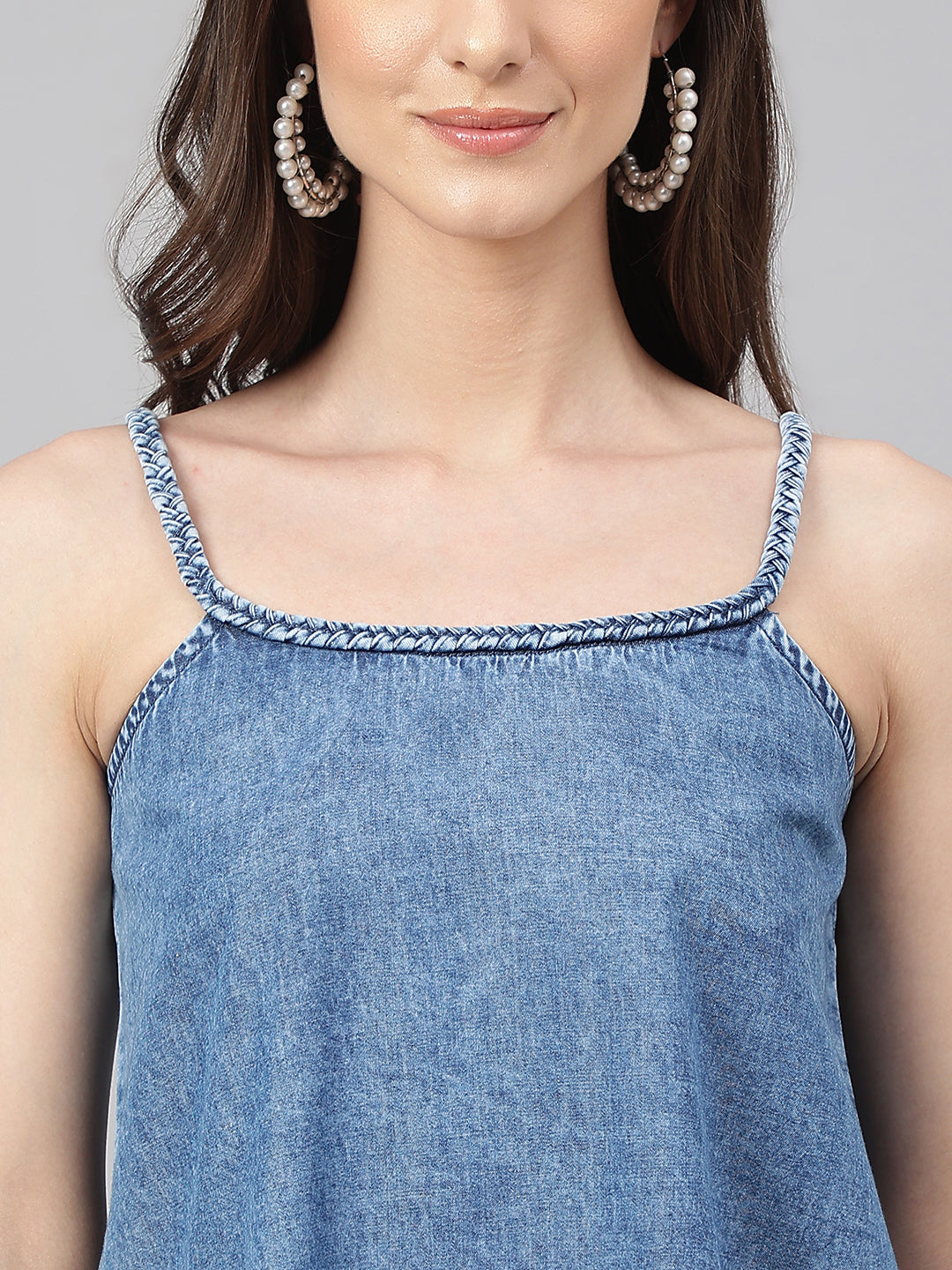 Janasya Women's Blue Denim Solid Regular Top | Swadesiicart