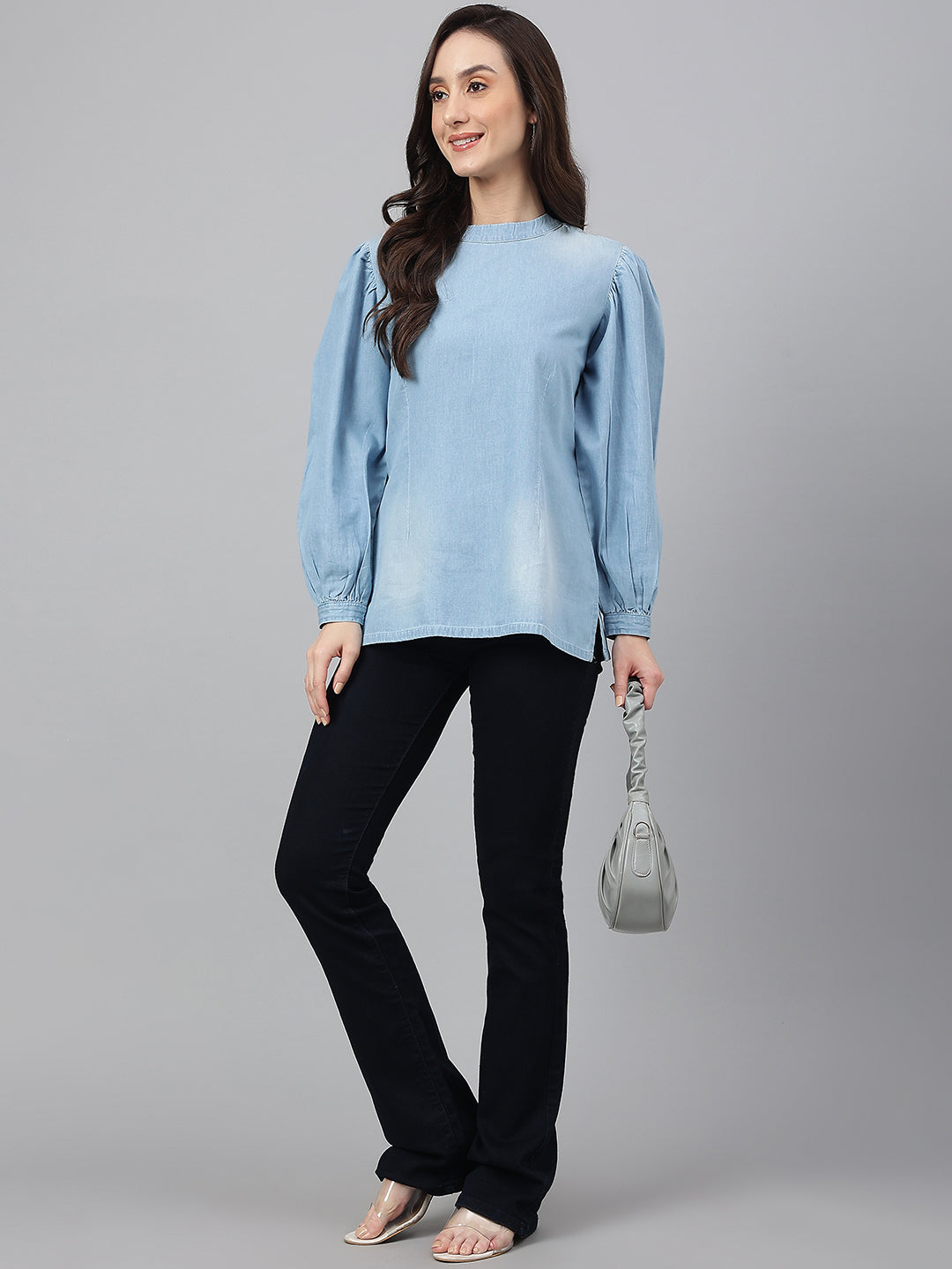 Janasya Women's Light Blue Denim Solid Regular Top | Swadesiicart