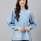 Janasya Women's Light Blue Denim Solid Regular Top | Swadesiicart