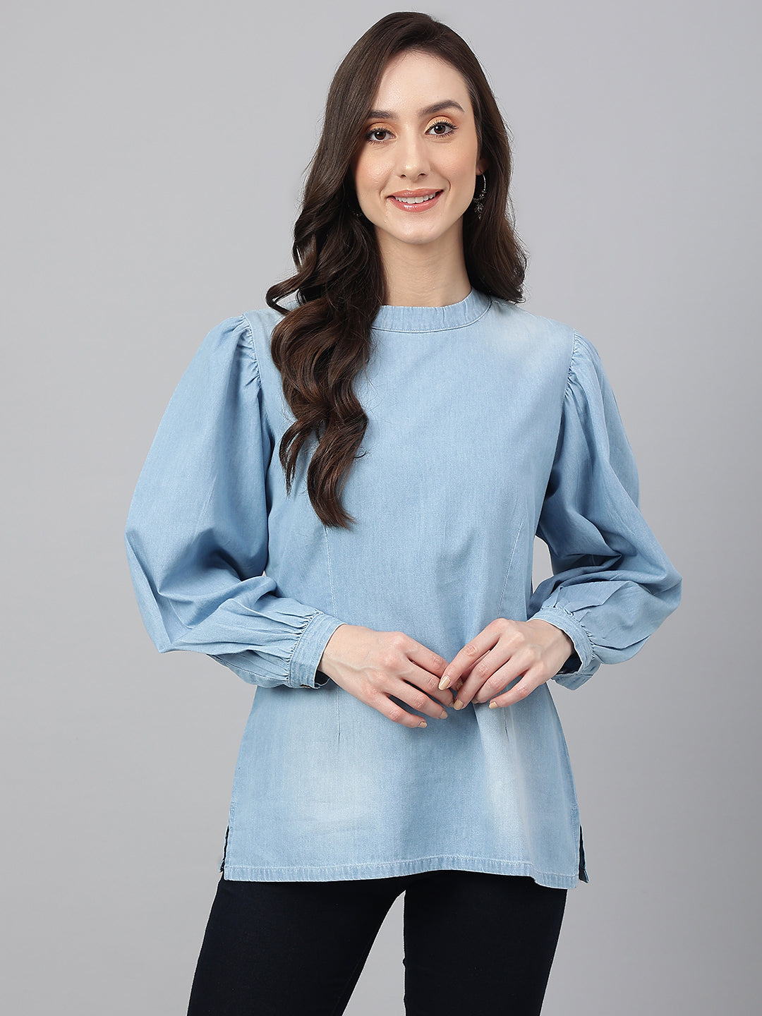 Janasya Women's Light Blue Denim Solid Regular Top | Swadesiicart