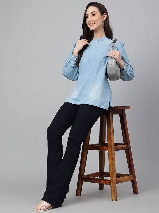 Janasya Women's Light Blue Denim Solid Regular Top | Swadesiicart