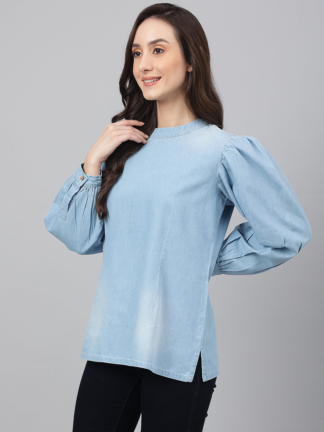 Janasya Women's Light Blue Denim Solid Regular Top | Swadesiicart