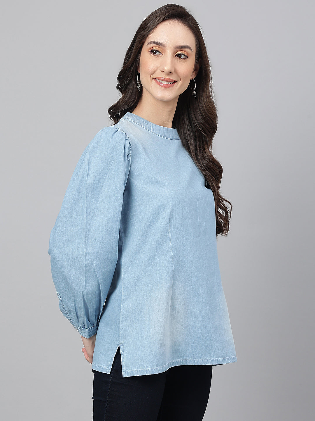 Janasya Women's Light Blue Denim Solid Regular Top | Swadesiicart