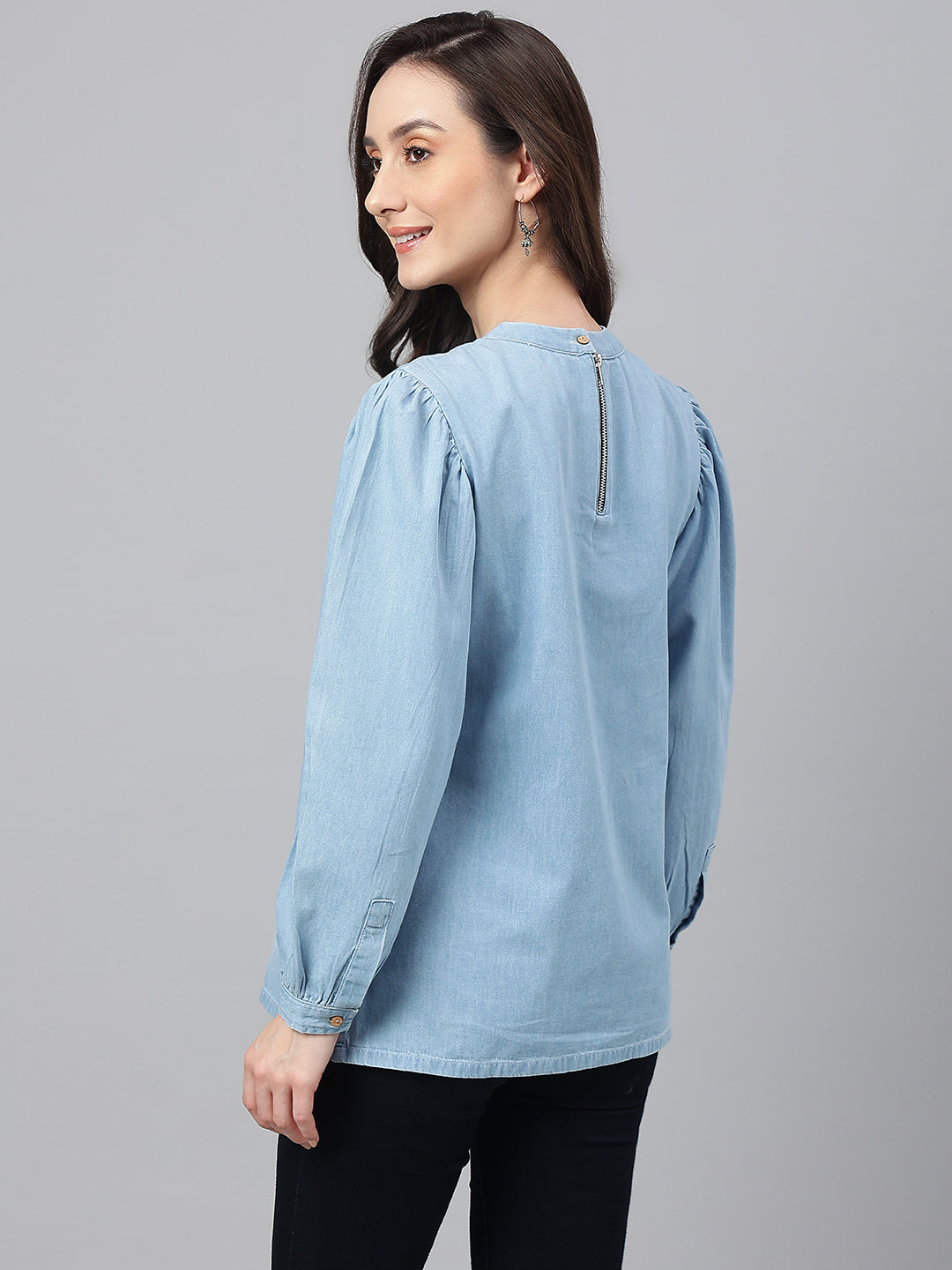Janasya Women's Light Blue Denim Solid Regular Top | Swadesiicart