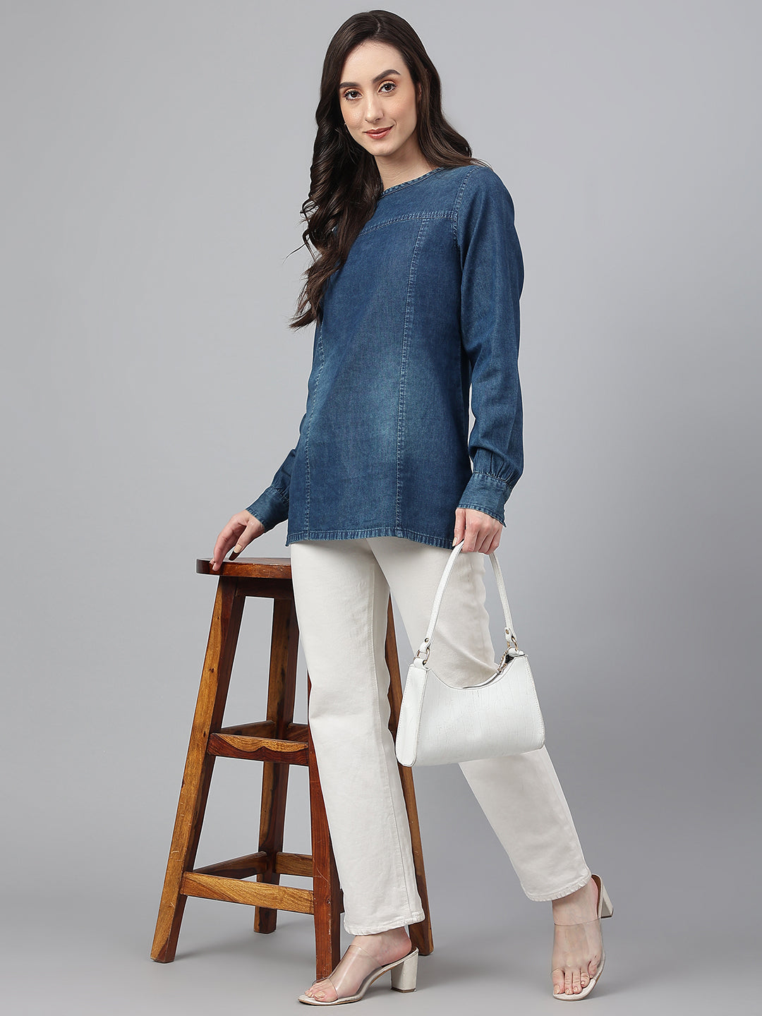 Janasya Women's Dark Blue Denim Solid Regular Top | Swadesiicart