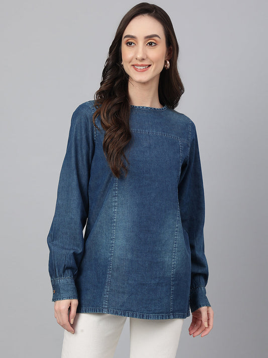 Janasya Women's Dark Blue Denim Solid Regular Top | Swadesiicart