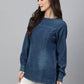 Janasya Women's Dark Blue Denim Solid Regular Top | Swadesiicart