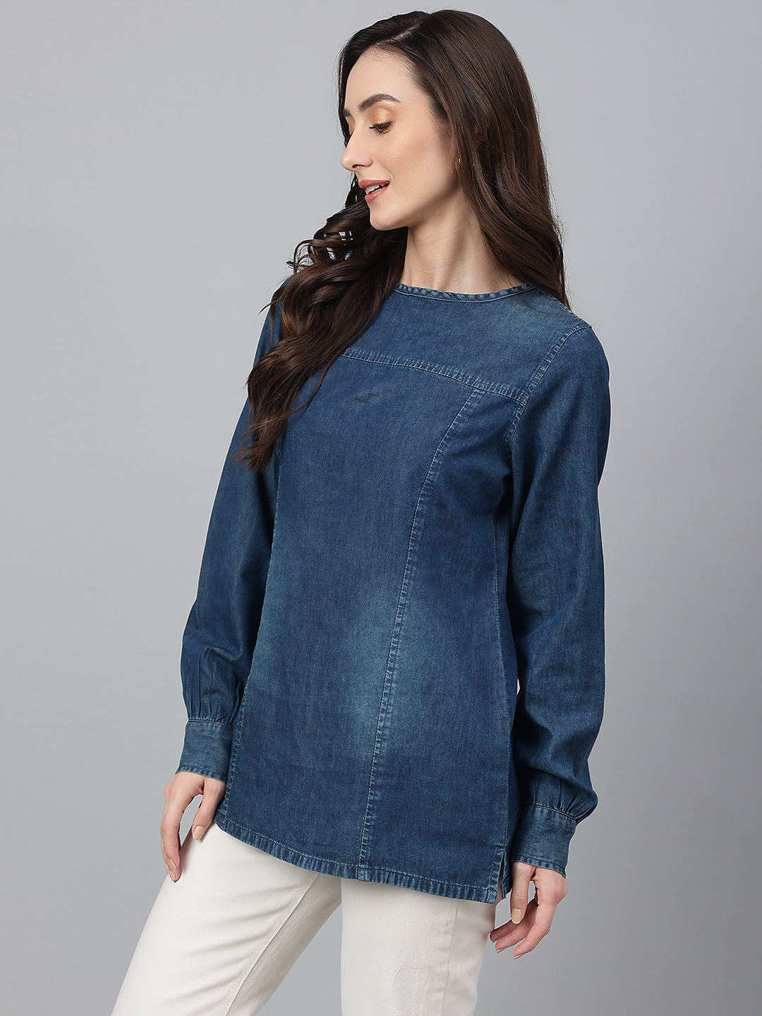 Janasya Women's Dark Blue Denim Solid Regular Top | Swadesiicart