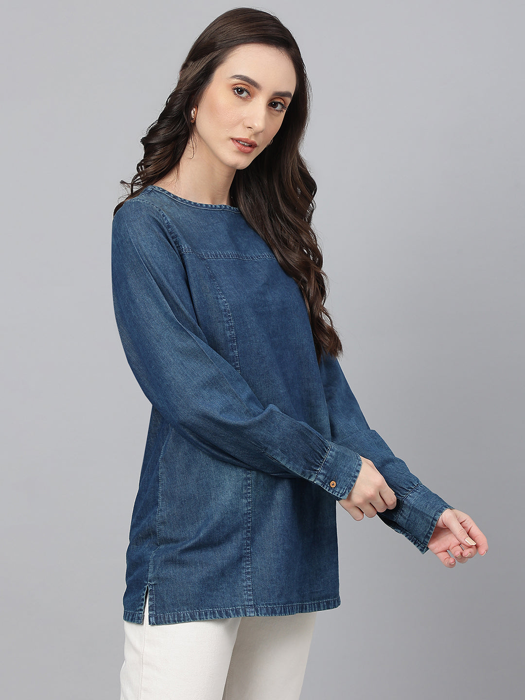 Janasya Women's Dark Blue Denim Solid Regular Top | Swadesiicart