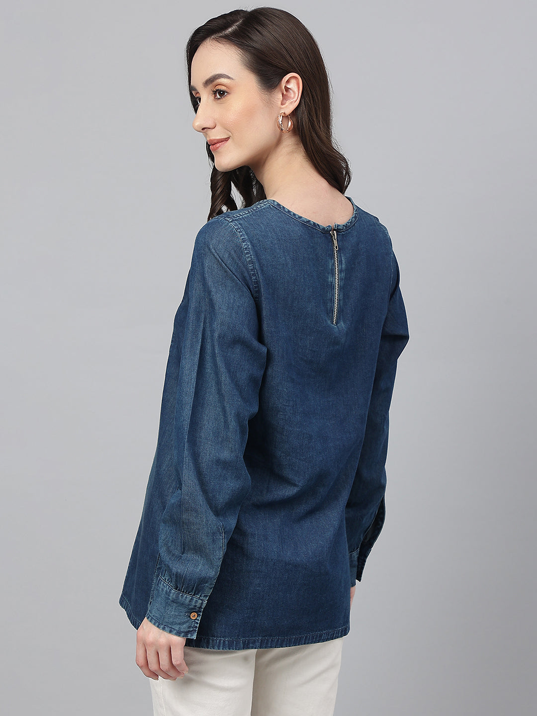 Janasya Women's Dark Blue Denim Solid Regular Top | Swadesiicart