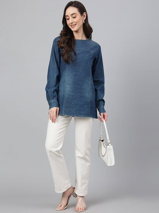 Janasya Women's Dark Blue Denim Solid Regular Top | Swadesiicart
