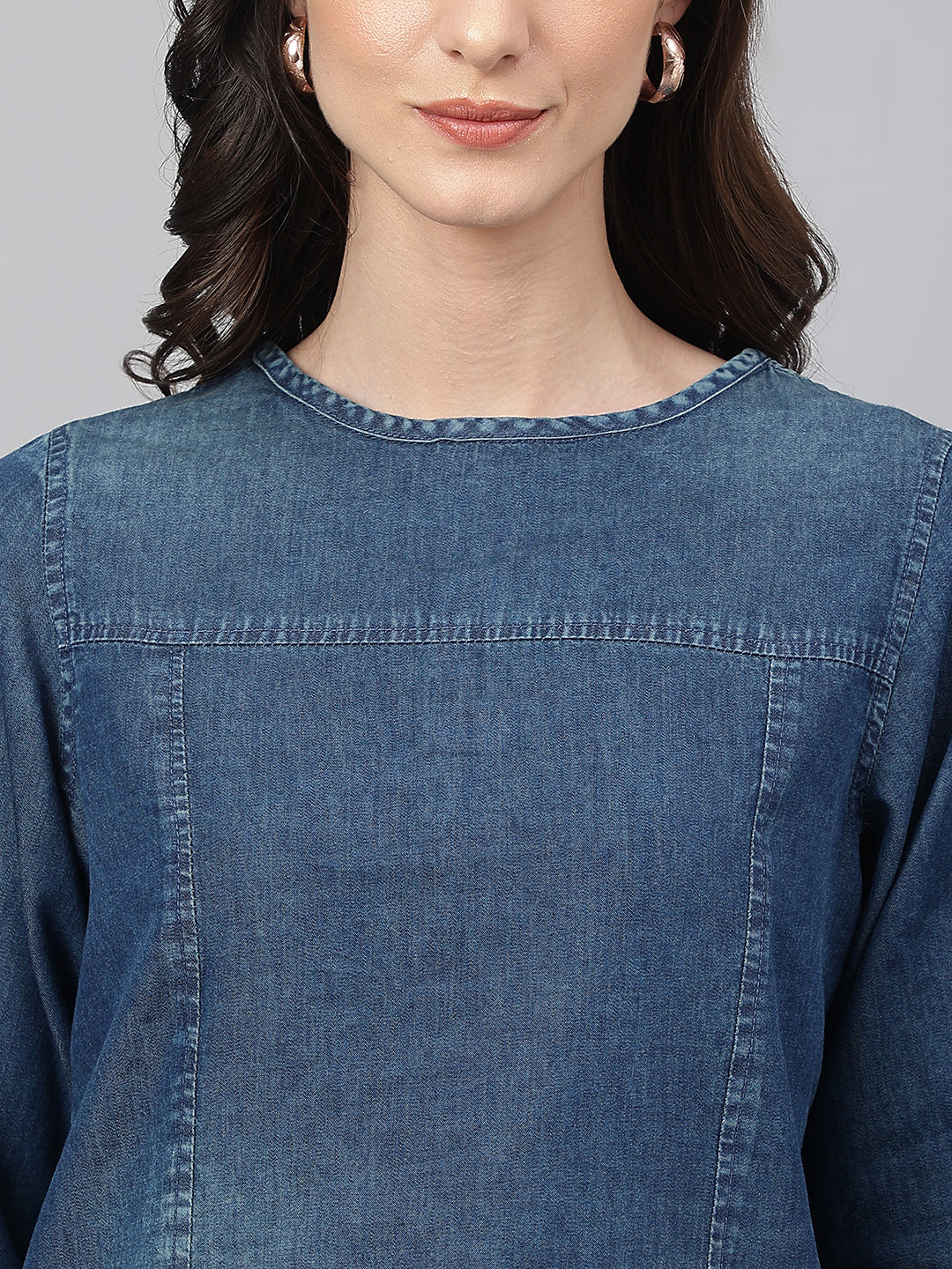 Janasya Women's Dark Blue Denim Solid Regular Top | Swadesiicart