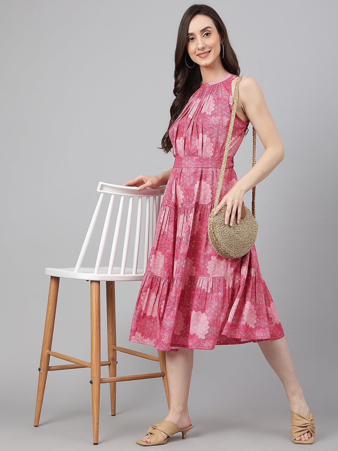 Janasya Women's Pink Crepe Digital Printed Tiered Western Dress | Swadesiicart