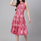 Janasya Women's Pink Crepe Digital Printed Tiered Western Dress | Swadesiicart
