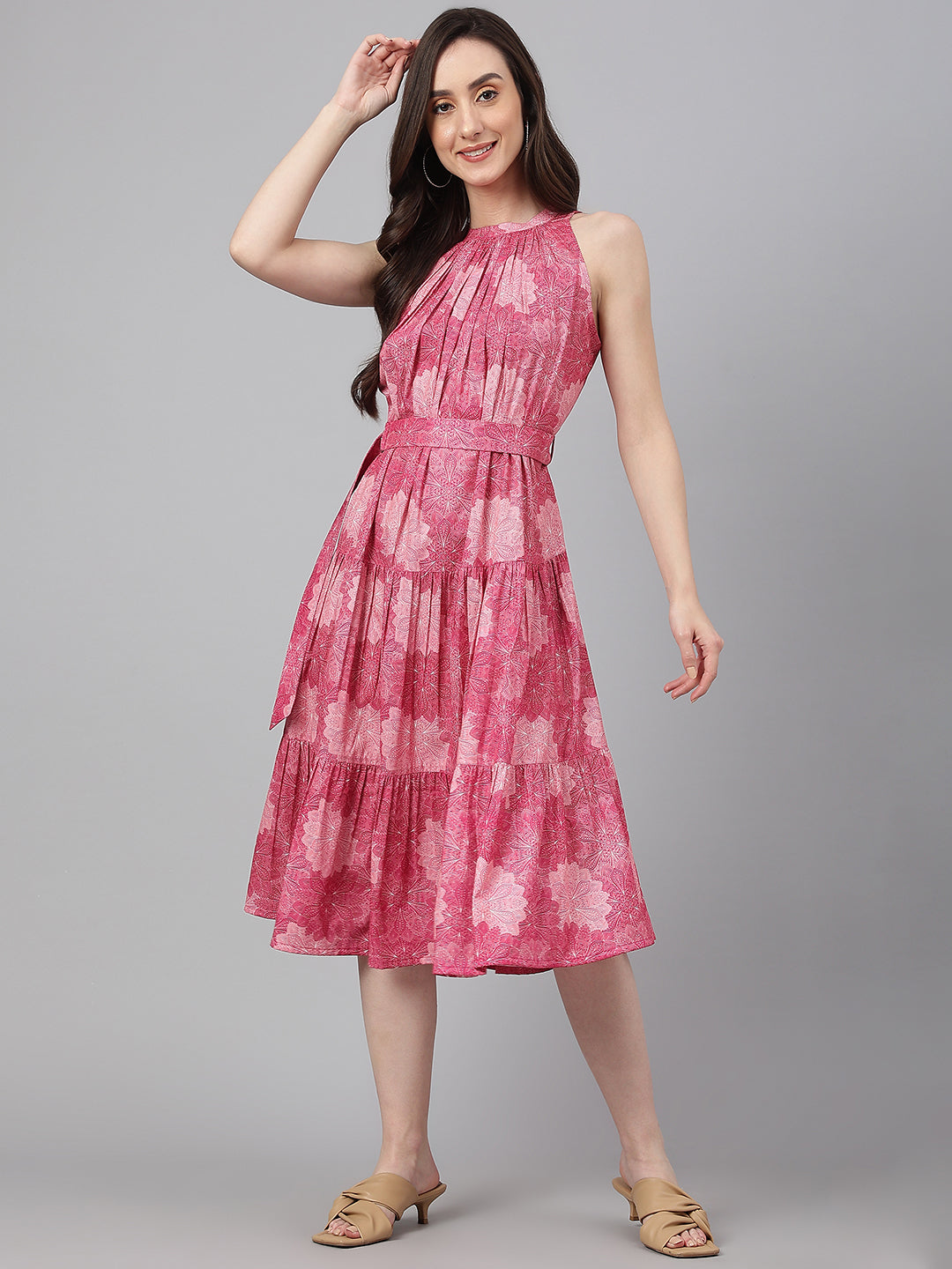 Janasya Women's Pink Crepe Digital Printed Tiered Western Dress | Swadesiicart