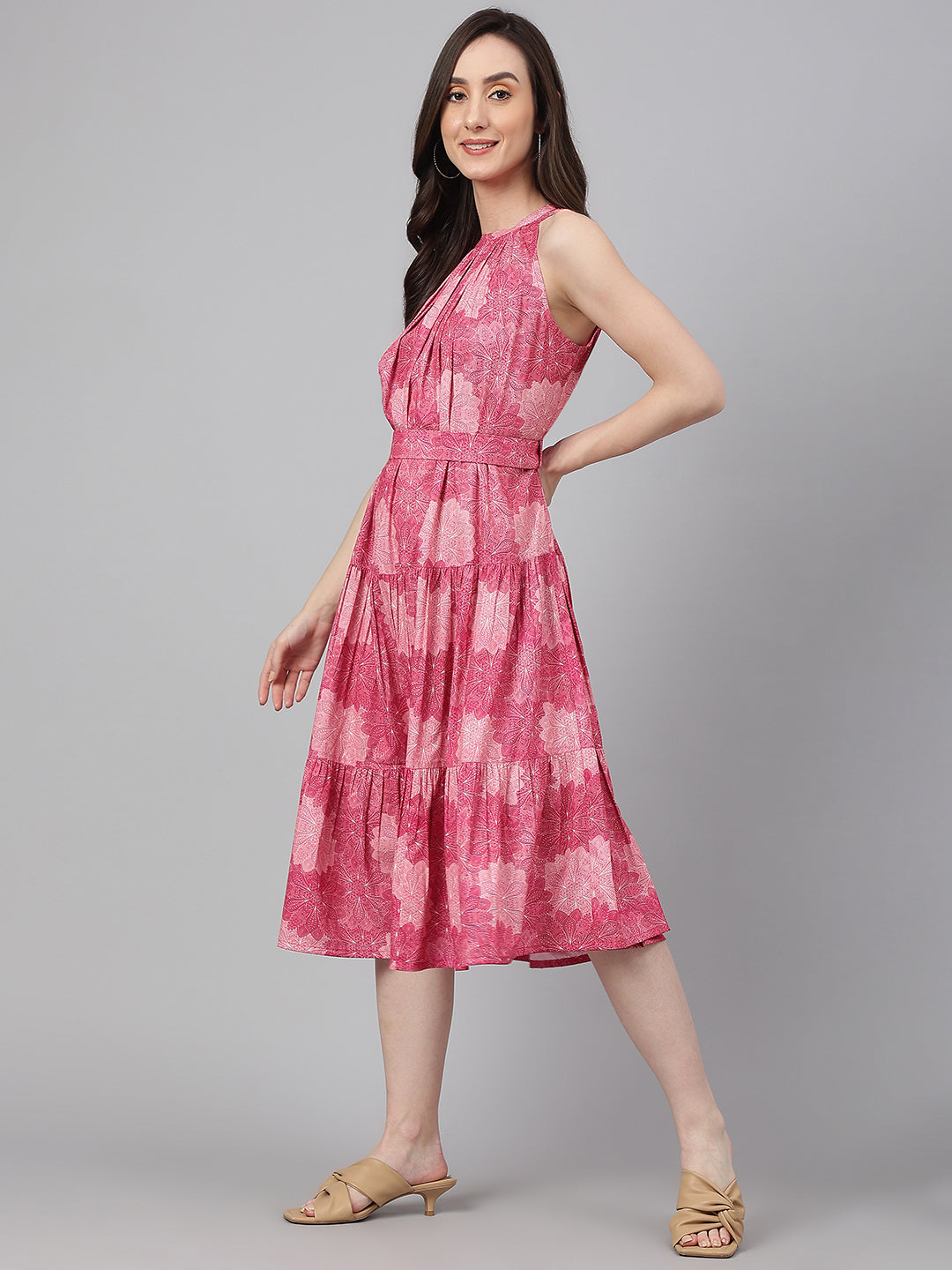 Janasya Women's Pink Crepe Digital Printed Tiered Western Dress | Swadesiicart