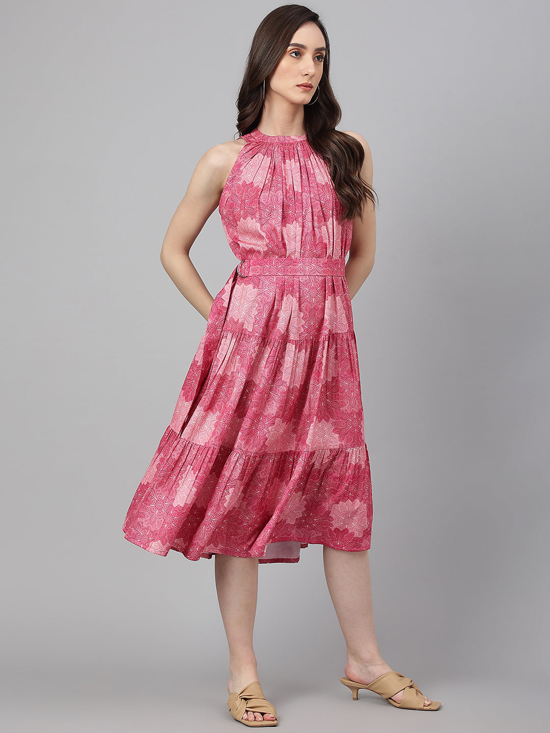 Janasya Women's Pink Crepe Digital Printed Tiered Western Dress | Swadesiicart