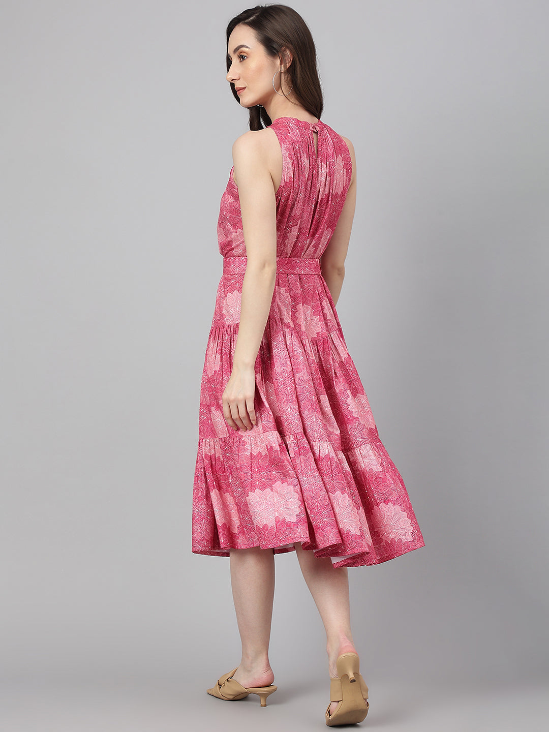 Janasya Women's Pink Crepe Digital Printed Tiered Western Dress | Swadesiicart