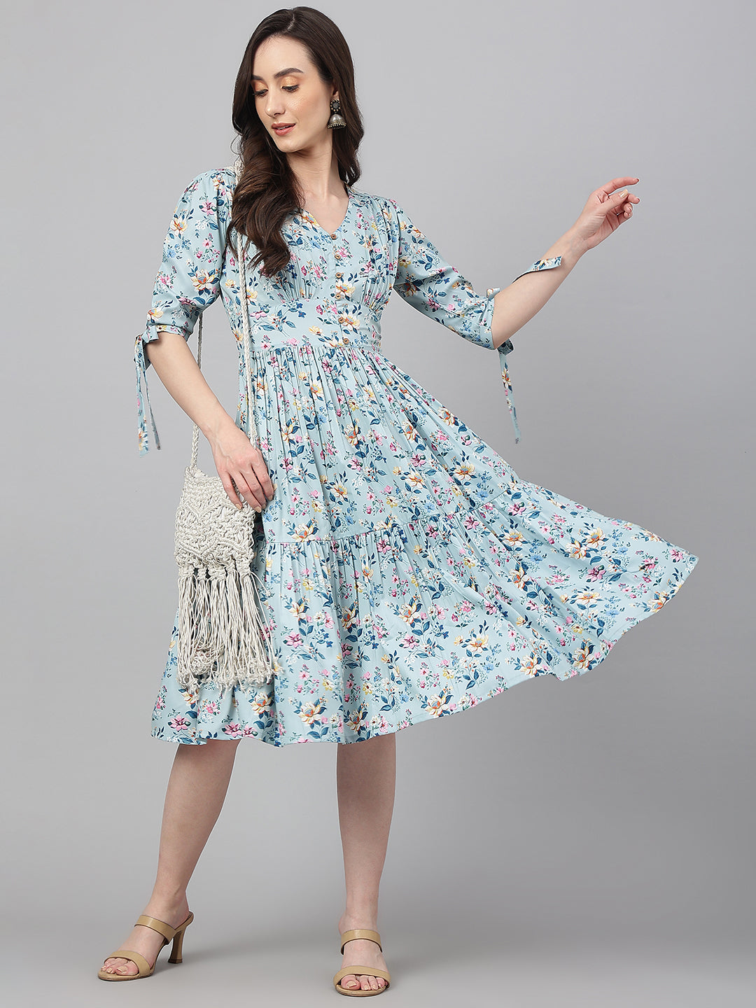 Janasya Women's Blue Crepe Digital Printed Flared Western Dress | Swadesiicart