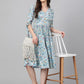 Janasya Women's Blue Crepe Digital Printed Flared Western Dress | Swadesiicart