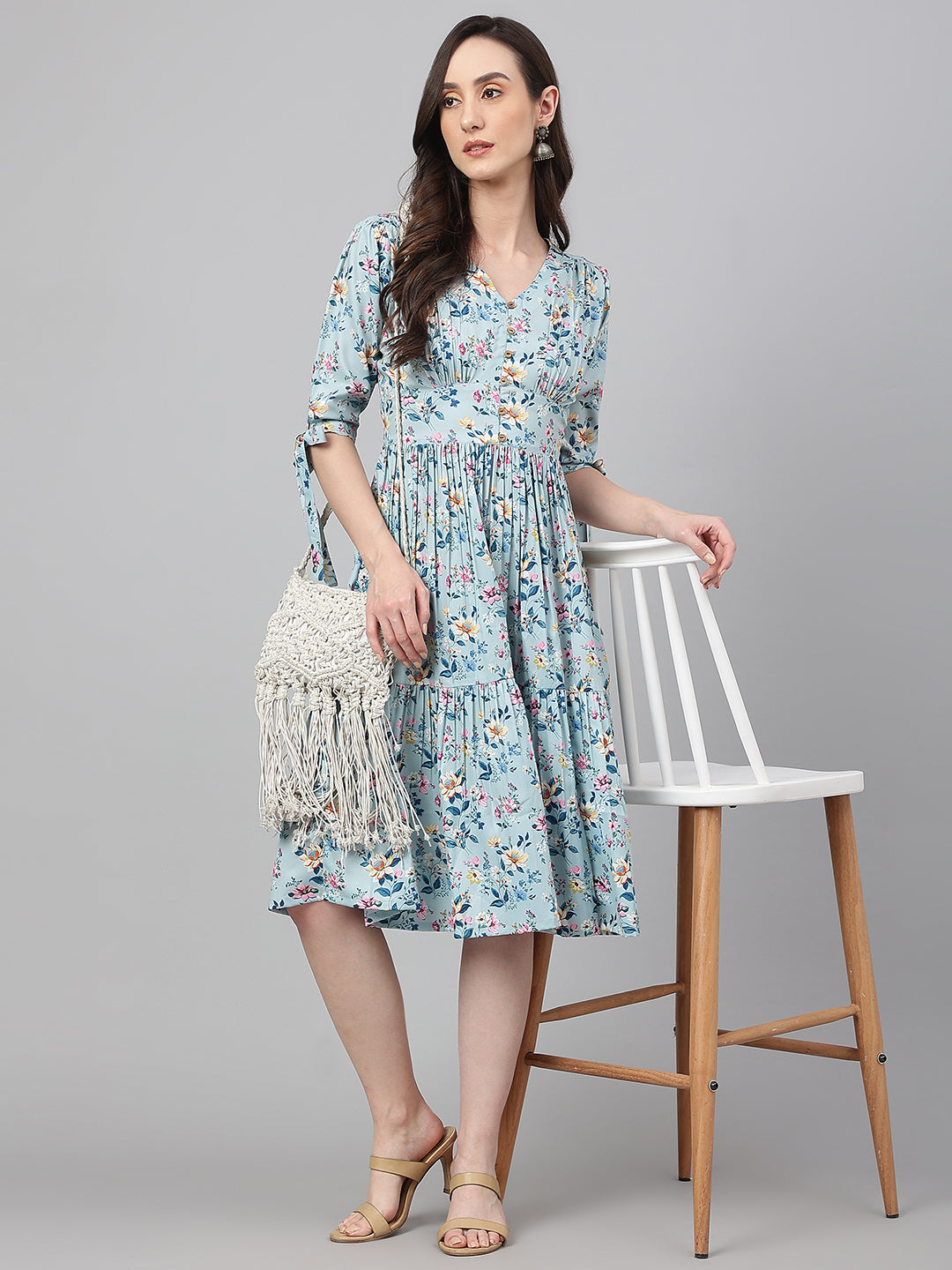 Janasya Women's Blue Crepe Digital Printed Flared Western Dress | Swadesiicart