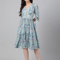 Janasya Women's Blue Crepe Digital Printed Flared Western Dress | Swadesiicart