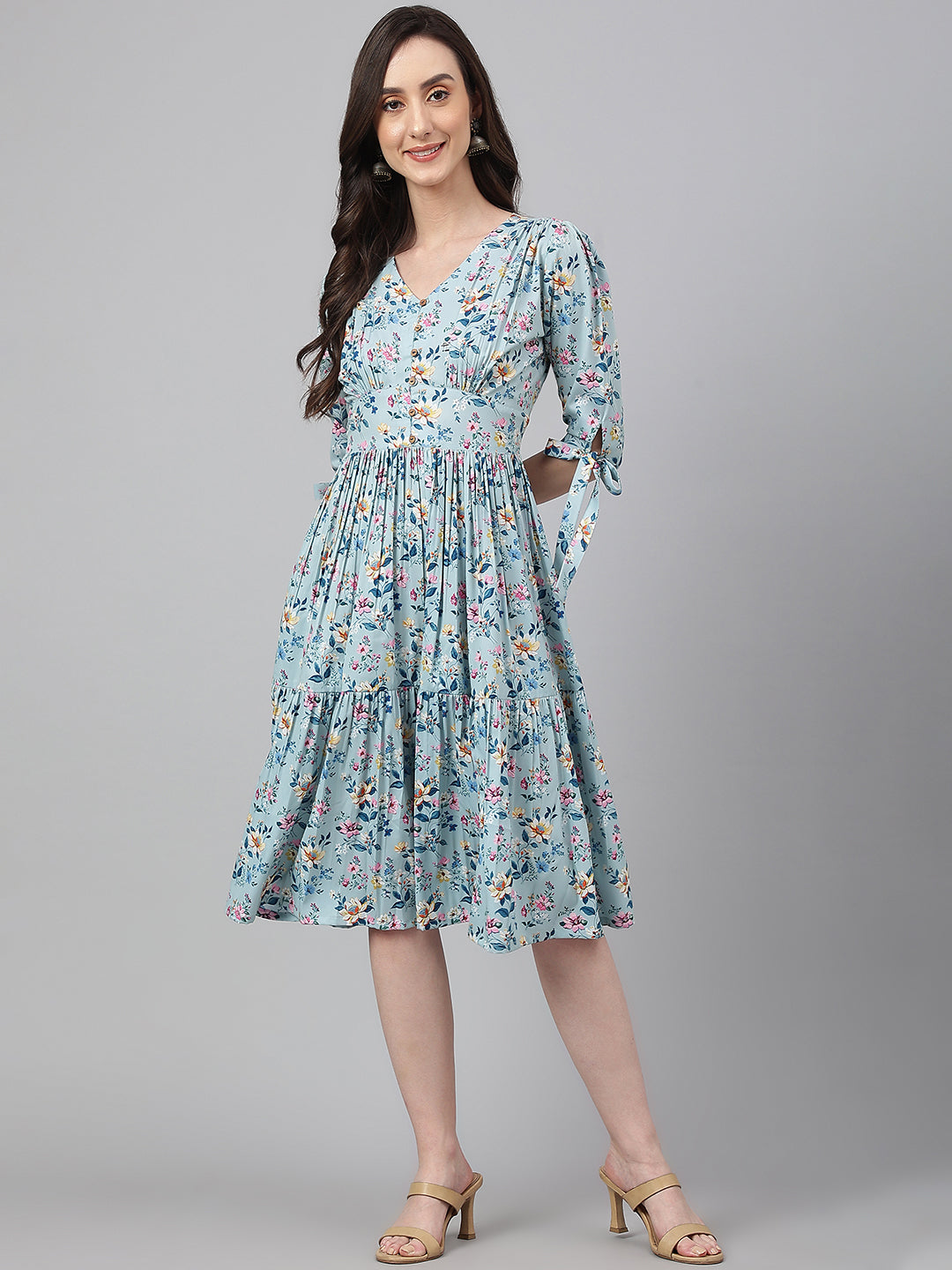 Janasya Women's Blue Crepe Digital Printed Flared Western Dress | Swadesiicart