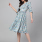 Janasya Women's Blue Crepe Digital Printed Flared Western Dress | Swadesiicart