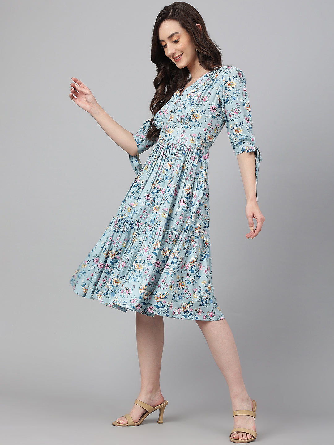 Janasya Women's Blue Crepe Digital Printed Flared Western Dress | Swadesiicart