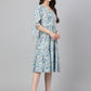 Janasya Women's Blue Crepe Digital Printed Flared Western Dress | Swadesiicart