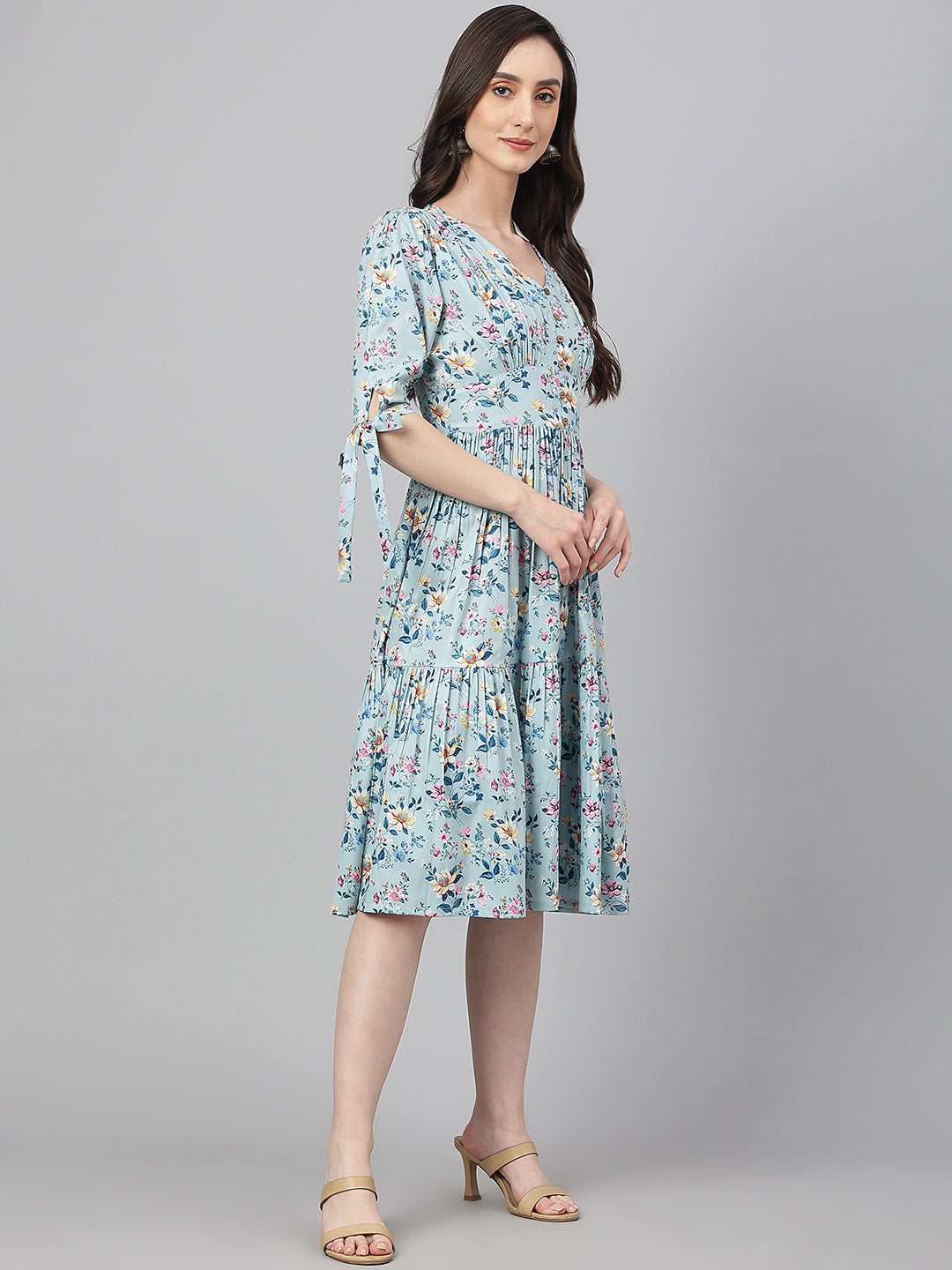 Janasya Women's Blue Crepe Digital Printed Flared Western Dress | Swadesiicart