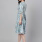 Janasya Women's Blue Crepe Digital Printed Flared Western Dress | Swadesiicart