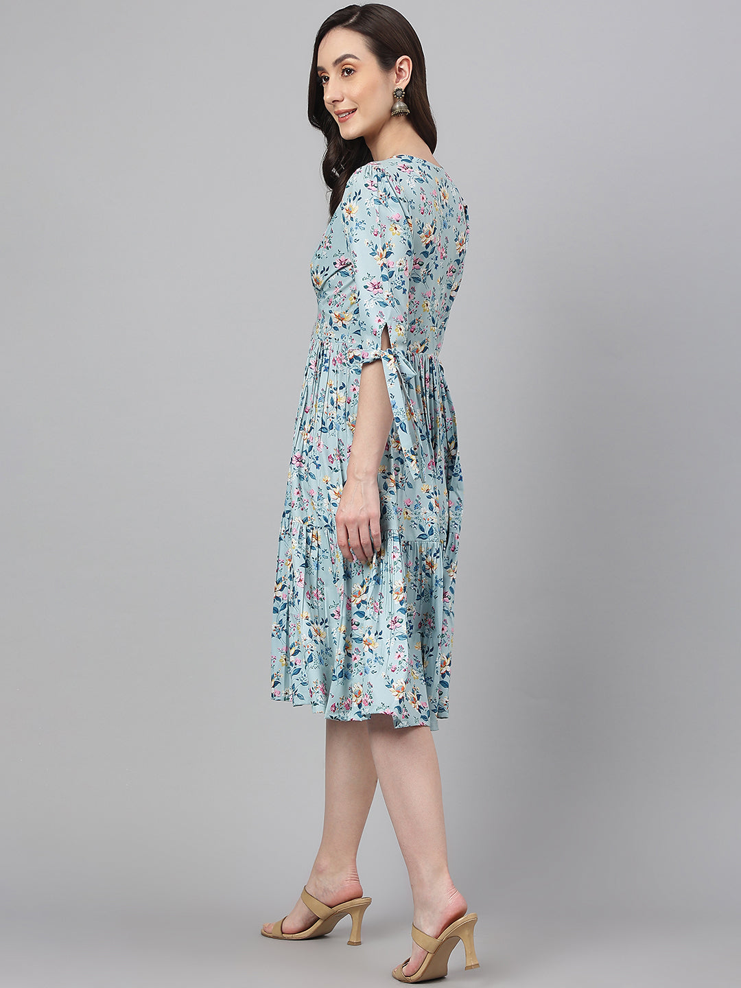 Janasya Women's Blue Crepe Digital Printed Flared Western Dress | Swadesiicart