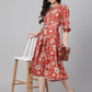 Janasya Women's Rust Crepe Digital Printed Flared Western Dress | Swadesiicart