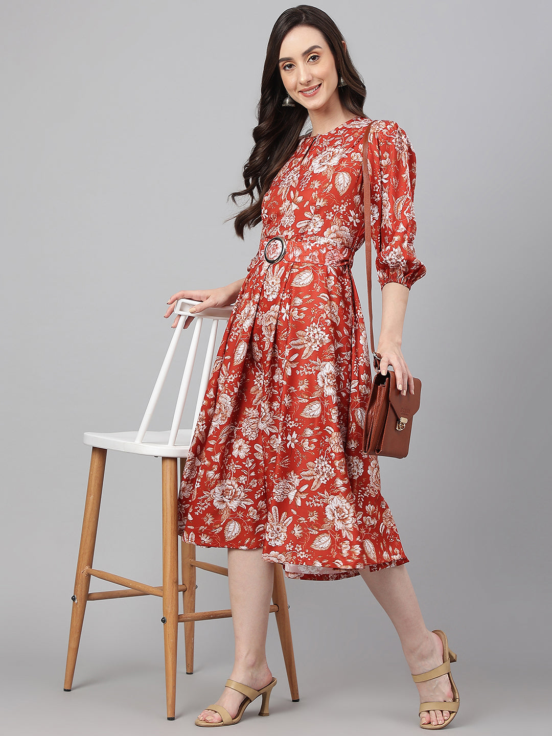 Janasya Women's Rust Crepe Digital Printed Flared Western Dress | Swadesiicart