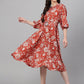 Janasya Women's Rust Crepe Digital Printed Flared Western Dress | Swadesiicart