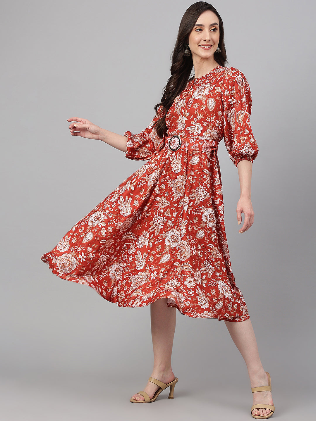 Janasya Women's Rust Crepe Digital Printed Flared Western Dress | Swadesiicart
