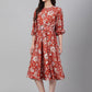 Janasya Women's Rust Crepe Digital Printed Flared Western Dress | Swadesiicart