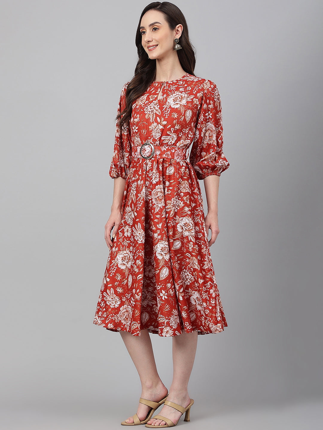 Janasya Women's Rust Crepe Digital Printed Flared Western Dress | Swadesiicart
