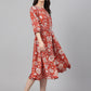 Janasya Women's Rust Crepe Digital Printed Flared Western Dress | Swadesiicart