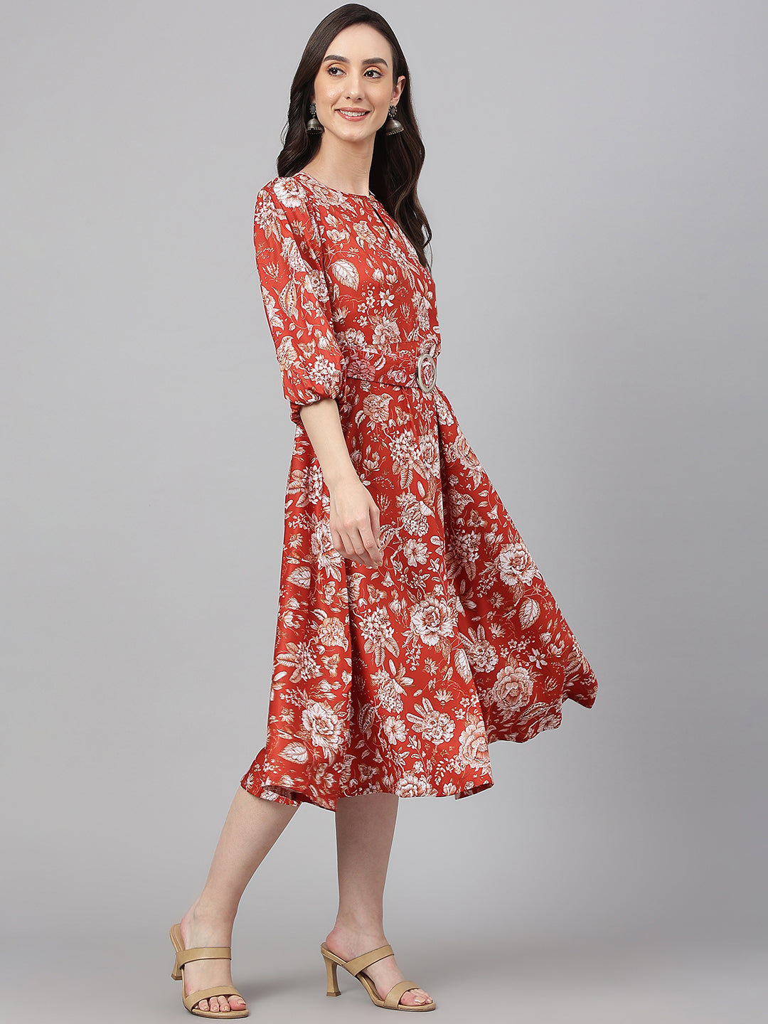 Janasya Women's Rust Crepe Digital Printed Flared Western Dress | Swadesiicart