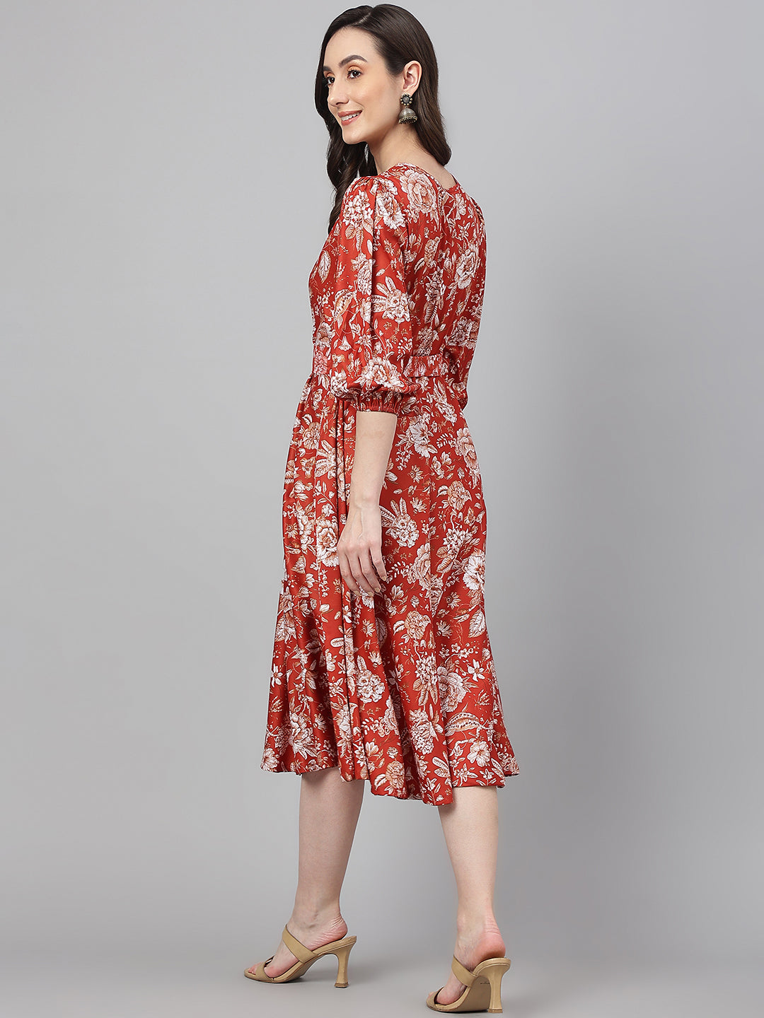 Janasya Women's Rust Crepe Digital Printed Flared Western Dress | Swadesiicart