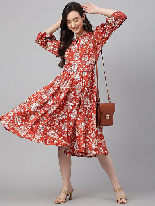 Janasya Women's Rust Crepe Digital Printed Flared Western Dress | Swadesiicart