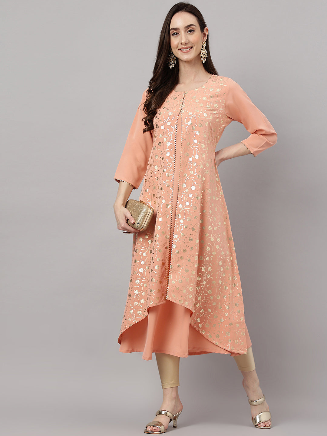 Janasya Women's Peach Crepe Foil Printed Casual Frontslit Kurta | Swadesiicart